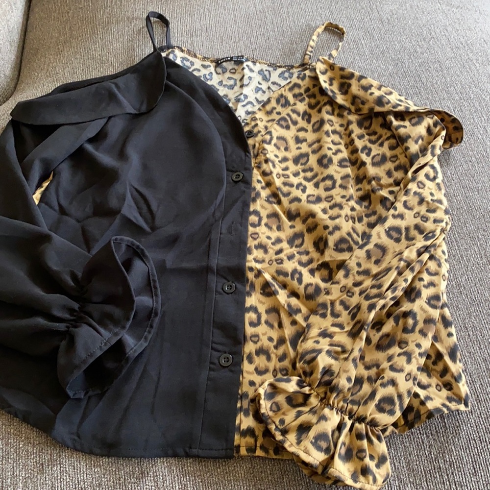 Cold shoulder black and leopard button up blouse